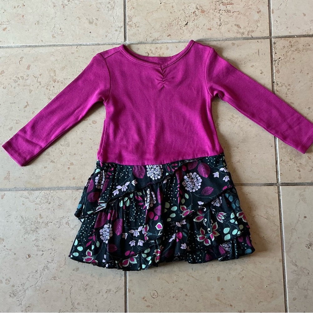 EUC Tea Collection Floral Pink and Black Toddler Dress size 12-18m